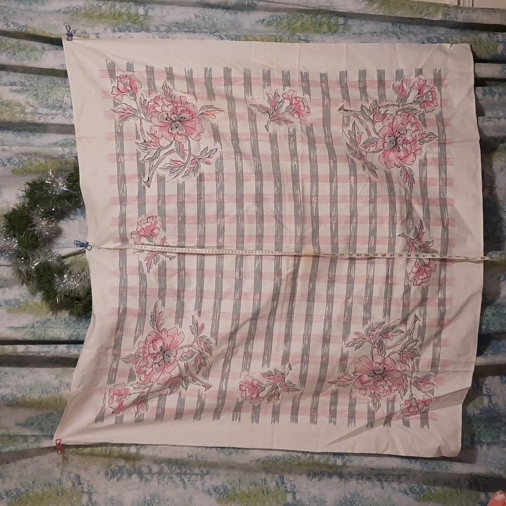 48 x 48 Vintage pink and grey table cloth has some spots due to age and wear